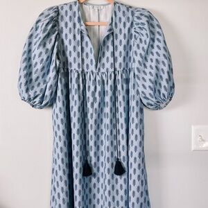 CZ Cezele Boutique Dress S Puff Sleeve Babydoll Blue Tassel Boho MIDI